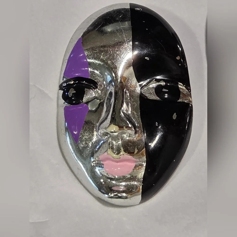 80s Vintage Pair Of Acrylic Plastic Silver Painted Harlequin Mask Brooches